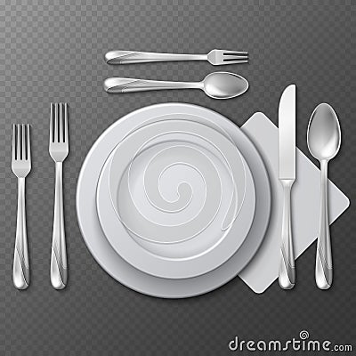 Realistic empty round plate, porcelain dish, steel fork, spoon and knife on table vector illustration Vector Illustration