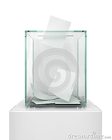Realistic empty transparent ballot box with voting paper in hole. Cartoon Illustration