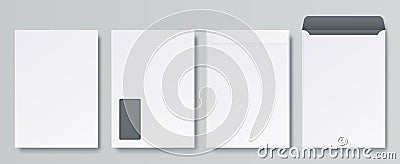 Realistic envelopes. Blank close and open letter, C4 A4 business mockup template, isolated front and back views. Vector Vector Illustration