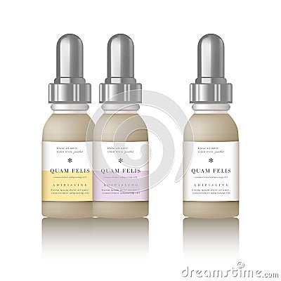 Realistic essential oil beige bottle with design label Vector Illustration