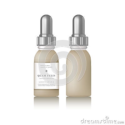 Realistic essential oil beige bottle with design label Vector Illustration