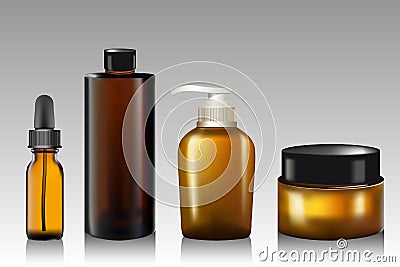 Realistic essential oil bottle, tube for cream, soap, shampoo, ointment, lotion. Soap pump Mock up. Cosmetic vial flask Vector Illustration