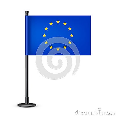 Realistic European table flag on a black steel pole. Souvenir from Europe. Desk flag made of paper or fabric and shiny Vector Illustration