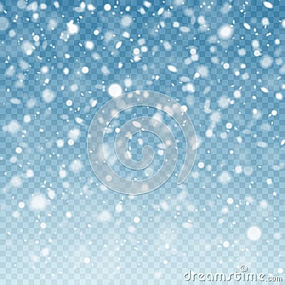 Realistic falling snow. Snow background. Frost storm, snowfall effect on blue transparent background. Christmas Vector Illustration