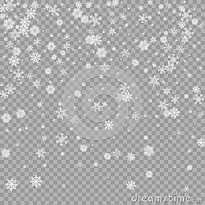 Realistic falling white snow overlay on transparent background. Snowflakes storm layer. Snow pattern for design Vector Illustration