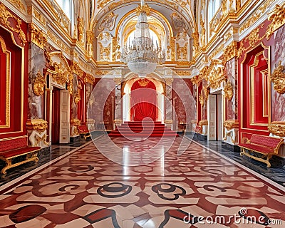 realistic fantasy red interior of the royal palace. Cartoon Illustration