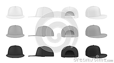 Realistic fashion rap cap set vector illustration stylish hip hop headdress front, back and side Vector Illustration