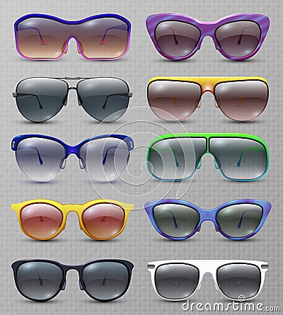 Realistic fashion sunglasses and glasses isolated vector set Vector Illustration