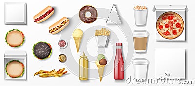 Realistic fast food mockup set, top view for restaurant snack menu. Donut, ice cream, hamburger, pizza, hotdog, fry Vector Illustration