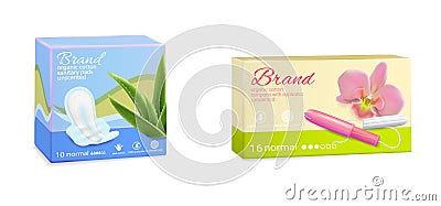 Feminine hygiene tampon sanitary pads packaging boxes, vector illustration Vector Illustration