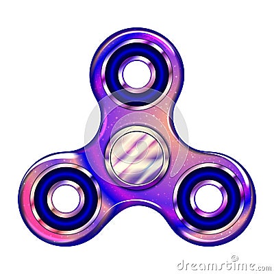 Realistic fidget spinner. Stress relieving toy. Trendy hand spinning machine. Violet shimmering cosmic style. Vector Illustration