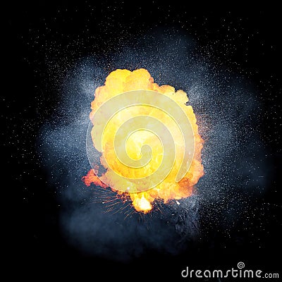 Realistic fiery explosion, orange color with sparks and smoke Stock Photo