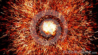 Realistic fiery explosion with sparks over a black background. Fire flamethrower isolated on black night background with alpha Stock Photo