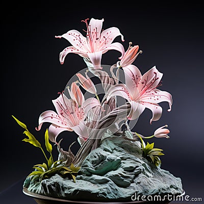 Realistic Figurine Lilies On Rock: Meticulously Crafted Maquette With Kintsukuroi Touch Stock Photo