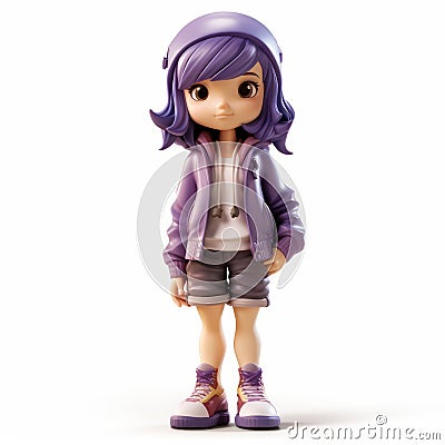 Realistic Figurine Of A Purple Jacket Girl With Short Hair Stock Photo