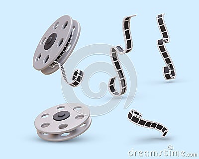 Realistic film, reel. Set of vector images on movie theme, industry Vector Illustration