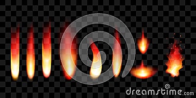 Realistic fire flames set on a dark background. Vector Illustration