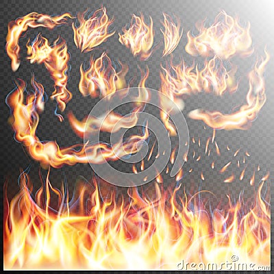 Realistic fire flames set. EPS 10 Vector Illustration