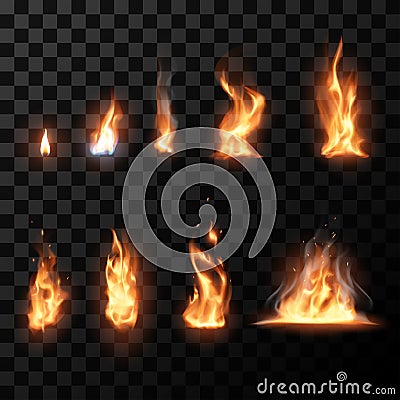 Realistic fire flames set Stock Photo