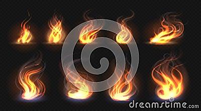 Realistic fire flames. Transparent torch effect, abstract red light flare, campfire design template. Vector hot glowing Vector Illustration