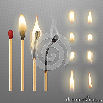 Realistic fire match stick burning step by step. Flame matches, burned wooden stick and coal. Isolated real burn wick Vector Illustration