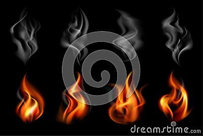 Realistic Fire Smoke Colored Icon Set Vector Illustration