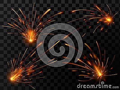 Realistic fire sparks. Spark flow of steel welding or metal cutting work. Electrical explosion sparkles vector set Vector Illustration