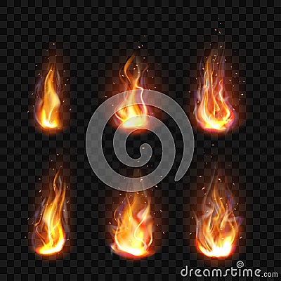 Realistic fire, torch flame set isolated clip art Vector Illustration