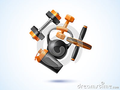 Realistic fitness composition. 3d sport objects, flying elements, workout gym tools, shaker, kettlebell and dumbbell Vector Illustration