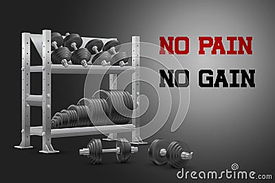 Realistic fitness vector banner with no pain no gain sign of storage shelf full of black iron weight barbell plates and dumbbells Vector Illustration