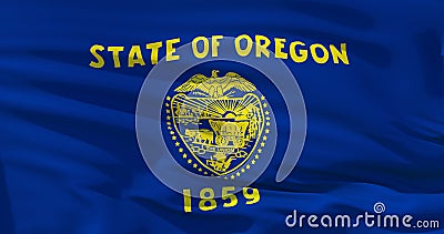 Realistic flag of State of Oregon on the wavy surface of silk. 3d illustration. Perfect for background or texture purposes Cartoon Illustration