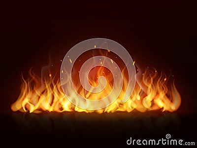 Realistic flame. Burning fiery hot wall, fireplace warm fire, blazing bonfire red flames effect. flaming vector Vector Illustration