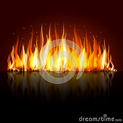 Realistic flame, fire on black background - vector Vector Illustration