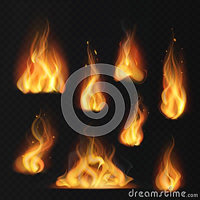 Realistic flame. Fireball warm fire effect abstract torch red flames flaming isolated vector set Vector Illustration