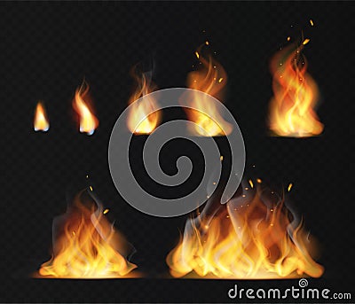 Realistic flame. Hot fireball warm furnace fire blazing effect abstract torch red flames flaming isolated vector Vector Illustration