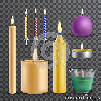 Realistic flame and light, burning candle set Vector Illustration