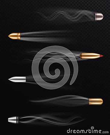 Realistic flying bullet. Fired bullets in motion with smoke trace, shoot trails, dangerous shooting handgun firearm Vector Illustration