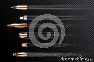Realistic flying bullets with shot smoke traces Vector Illustration