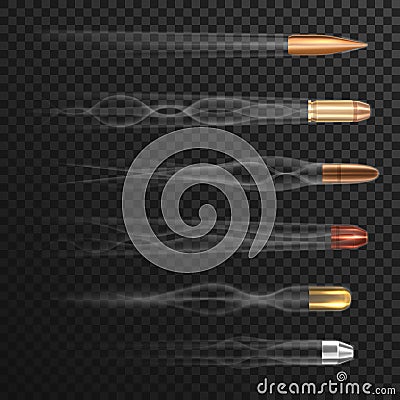 Realistic flying bullets with smoke trail Vector Illustration