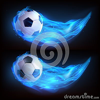 Realistic flying soccer ball in blue fire Vector Illustration