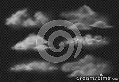 Realistic fog. Steam fogs clouds, smoke cloud and water vapor mist 3d vector illustration set Vector Illustration