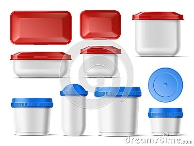 Realistic food containers. White plastic product boxes with color caps. Home storage packaging mockup. Clear jars and Vector Illustration