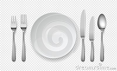 Realistic food plate with spoon, knife and fork. White empty dishes for cafe and restaurants. Cutlery vector top view illustration Vector Illustration