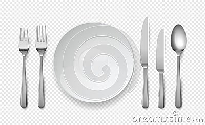 Realistic food plate with spoon, knife and fork. White empty dishes for cafe and restaurants. Cutlery vector top view Vector Illustration