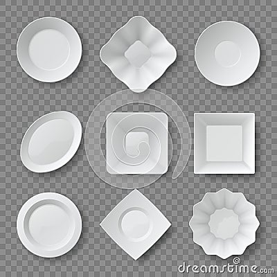 Realistic food plates. Empty white round and square dishes and bowls. Ceramic plate top view 3d mockups. Clean kitchen Vector Illustration