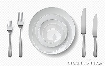 Realistic food plates. White ceramic dish with metal fork spoon and knife, empty restaurant porcelain crockery. Vector Vector Illustration