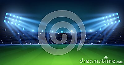 Realistic football arena. Soccer playing field at night with bright stadium lights, green grass and tribunes. Vector Vector Illustration