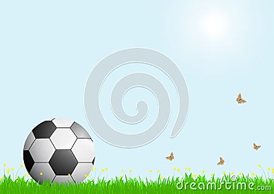 Realistic football on green grass with sunlight on blue sky background Vector Illustration