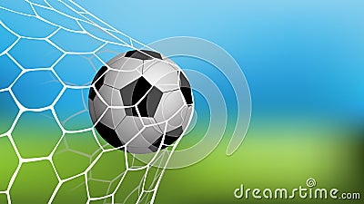 Realistic football in net with copy space for text Vector Illustration