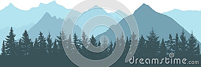 Realistic forest on background of mountains with fog, silhouettes. Vector illustration Vector Illustration